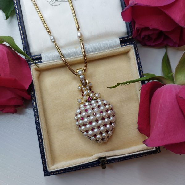Antique Victorian Ruby and Pearl Heart Pendant with Chain 