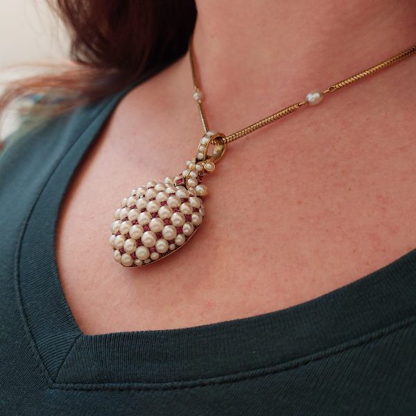 Antique Victorian Ruby and Pearl Heart Pendant with Chain 