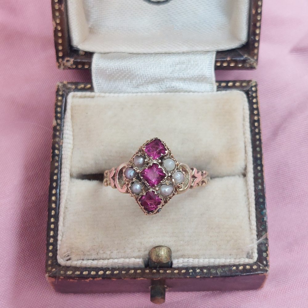 Antique Victorian Ruby and Pearl Navette Ring