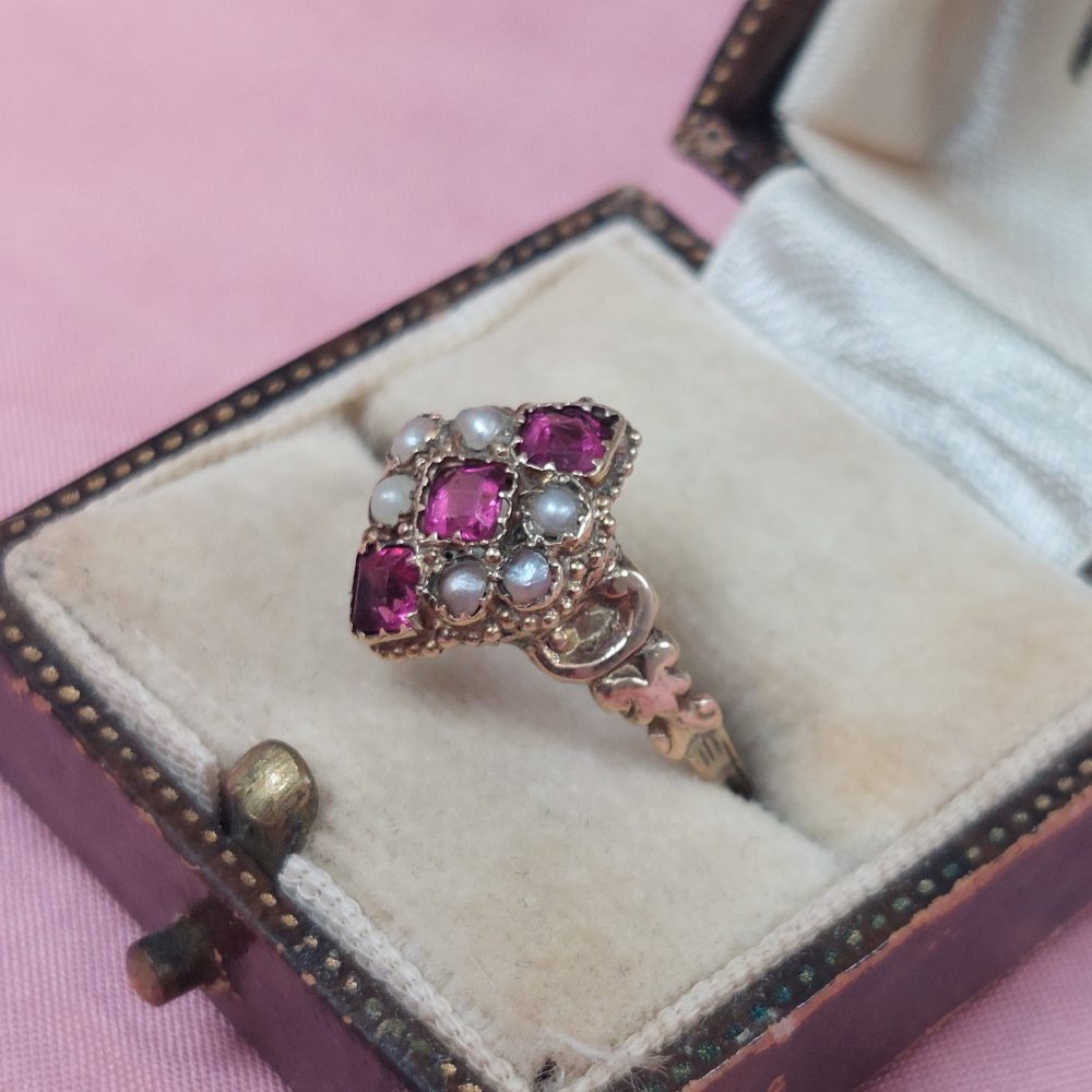 Antique Victorian Ruby and Pearl Navette Ring