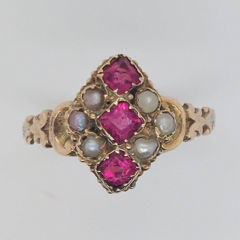 Antique Victorian Ruby and Pearl Navette Ring