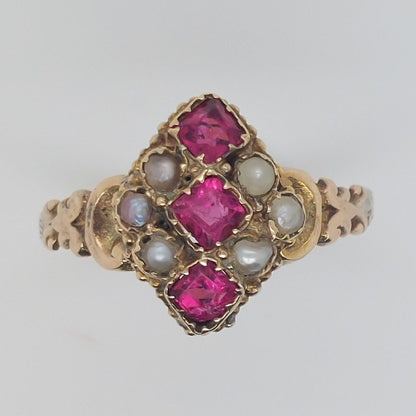 Antique Victorian Ruby and Pearl Navette Ring