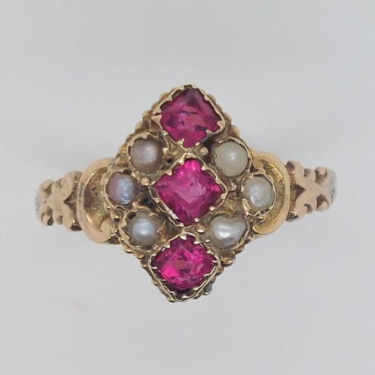 Antique Victorian Ruby and Pearl Navette Ring