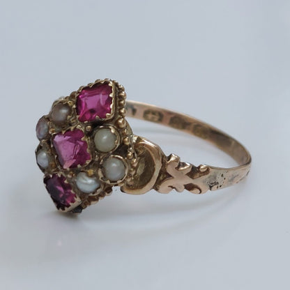 Antique Victorian Ruby and Pearl Navette Ring