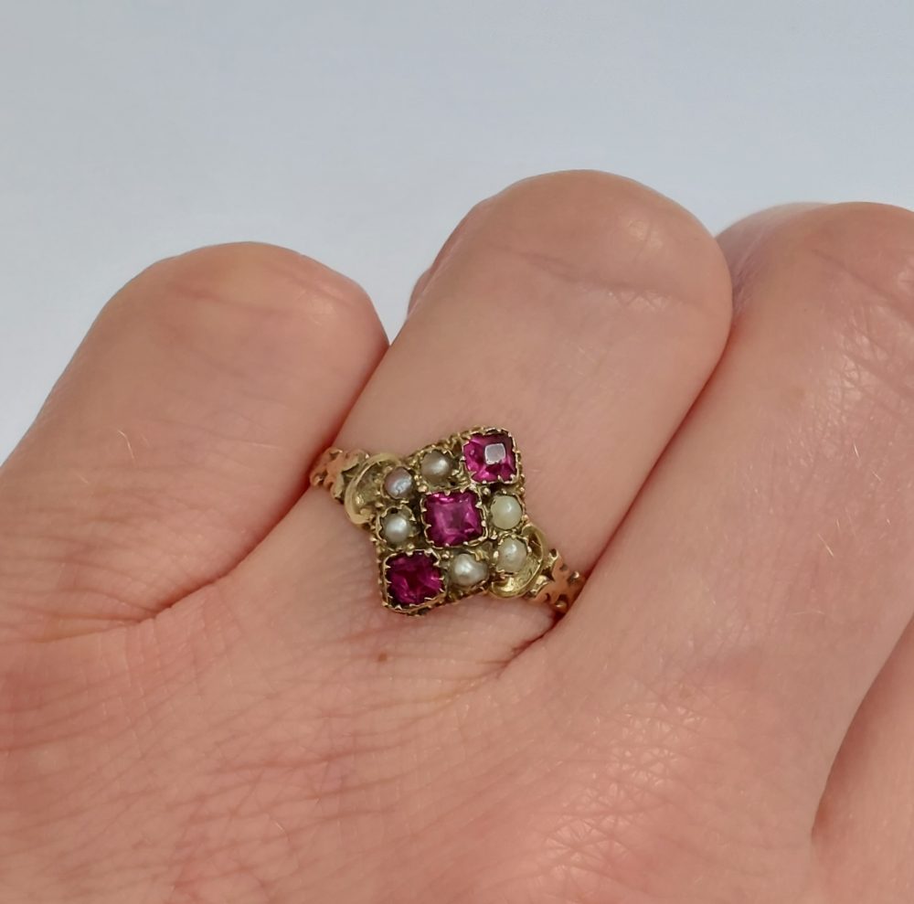 Antique Victorian Ruby and Pearl Navette Ring