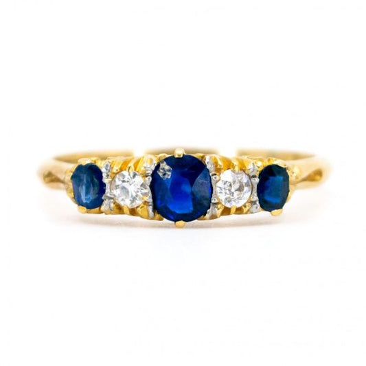 Antique Victorian Sapphire Diamond Five Stone Gold Ring
