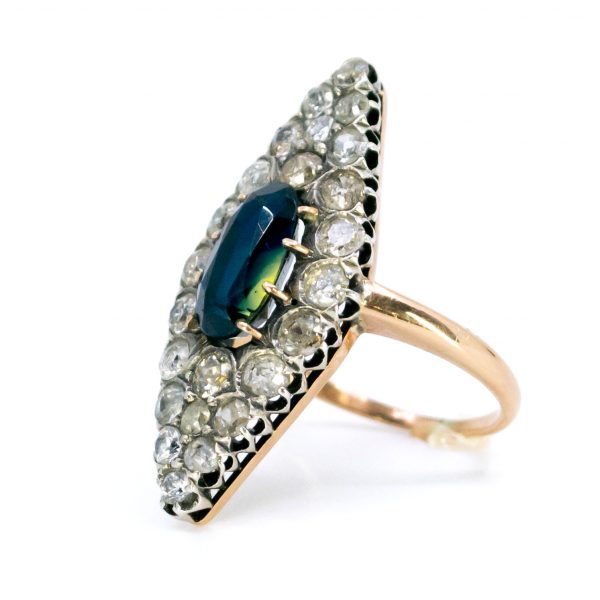Antique Victorian Sapphire Old Mine Cut Diamond Navette Ring