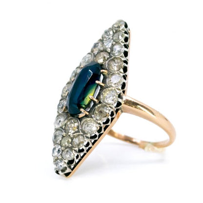 Antique Victorian Sapphire Old Mine Cut Diamond Navette Ring