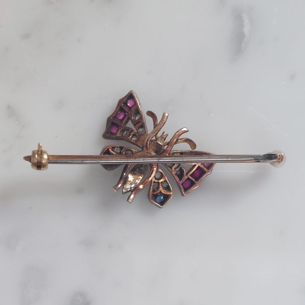 Antique Victorian Sapphire Ruby and Diamond Butterfly Brooch