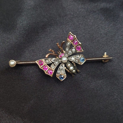 Antique Victorian Sapphire Ruby and Diamond Butterfly Brooch