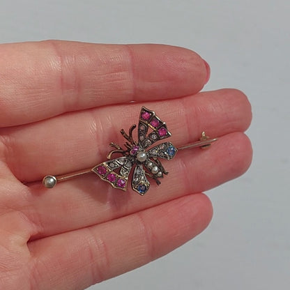 Antique Victorian Sapphire Ruby and Diamond Butterfly Brooch