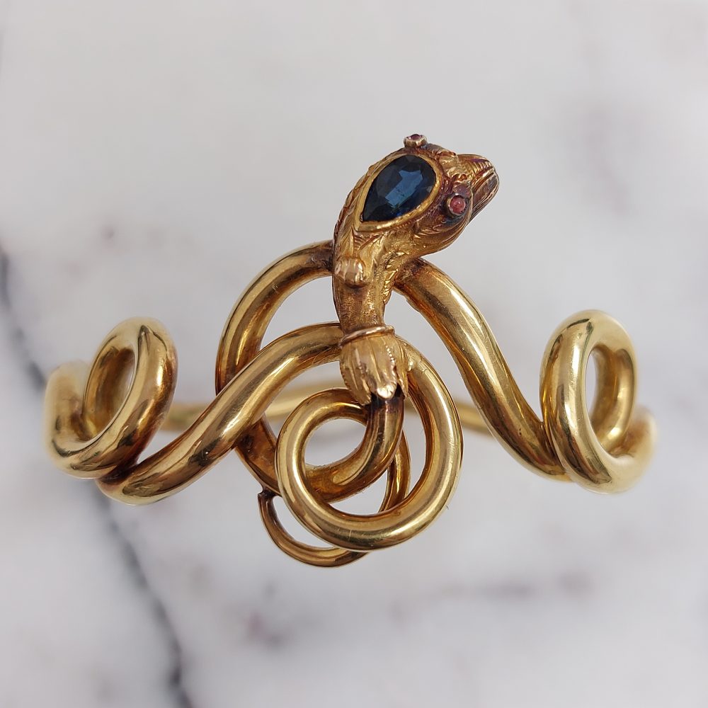 Antique Victorian Sapphire, Ruby and Gold Snake Bangle Bracelet