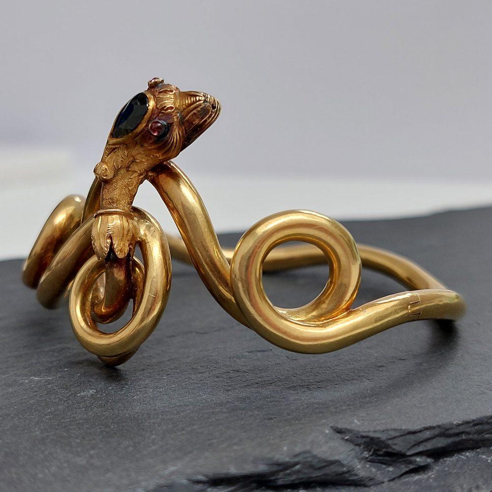 Antique Victorian Sapphire, Ruby and Gold Snake Bangle Bracelet