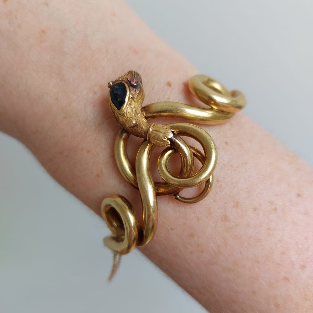 Antique Victorian Sapphire, Ruby and Gold Snake Bangle Bracelet