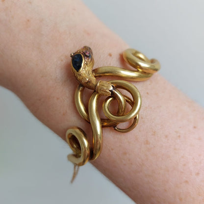 Antique Victorian Sapphire, Ruby and Gold Snake Bangle Bracelet