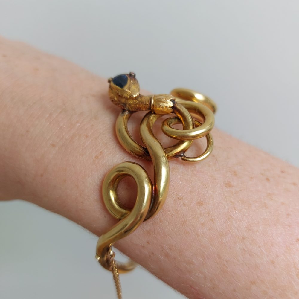 Antique Victorian Sapphire, Ruby and Gold Snake Bangle Bracelet
