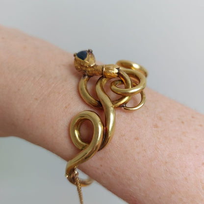 Antique Victorian Sapphire, Ruby and Gold Snake Bangle Bracelet