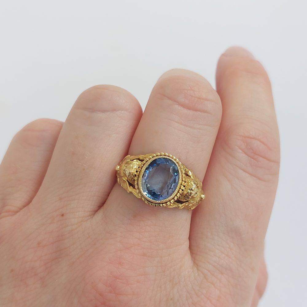 Antique Victorian Sapphire and Gold Chrub Ring, 3.73cts