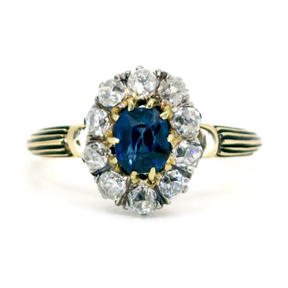 Antique Victorian Sapphire and Old Mine Cut Diamond Cluster Ring