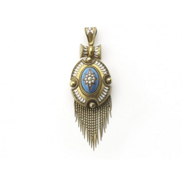Antique Victorian Seed Pearl, Enamel and Gold Fringe Pendant