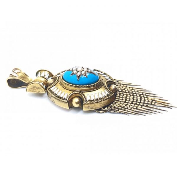 Antique Victorian Seed Pearl, Enamel and Gold Fringe Pendant