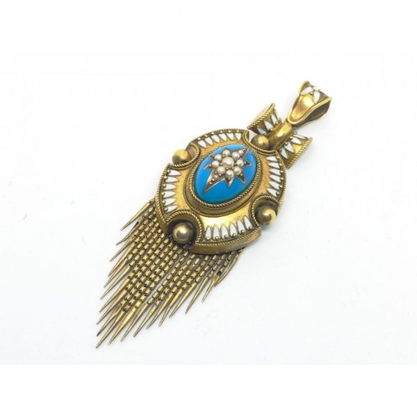 Antique Victorian Seed Pearl, Enamel and Gold Fringe Pendant