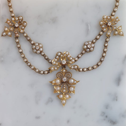 Antique Victorian Seed Pearl and Diamond Swag Necklace