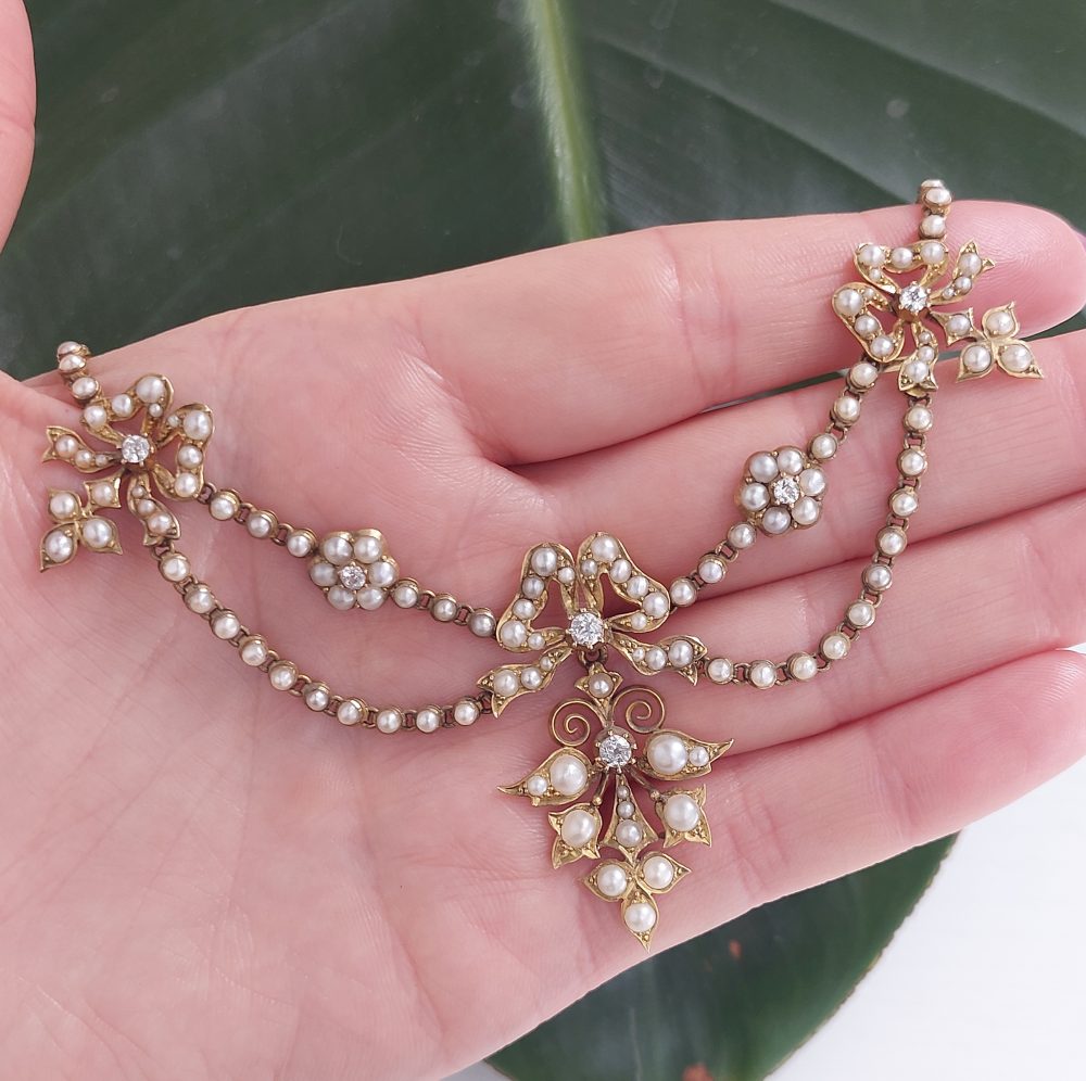 Antique Victorian Seed Pearl and Diamond Swag Necklace