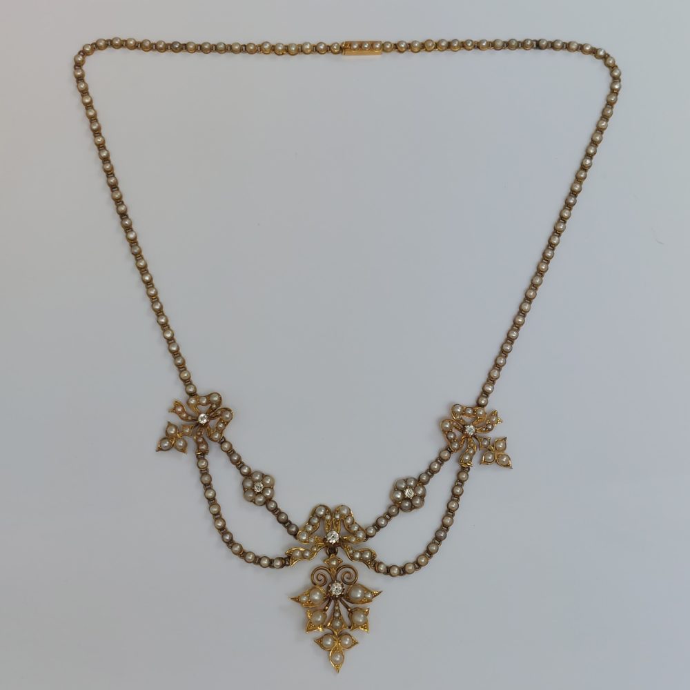 Antique Victorian Seed Pearl and Diamond Swag Necklace