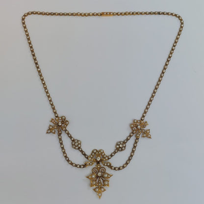 Antique Victorian Seed Pearl and Diamond Swag Necklace