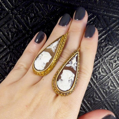 Antique Victorian Shell Cameo 15ct Gold Pendant Earrings