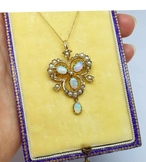 Antique Victorian Style Opal and Pearl Gold Pendant- Brooch Necklace 