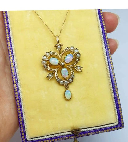 Antique Victorian Style Opal and Pearl Gold Pendant- Brooch Necklace 