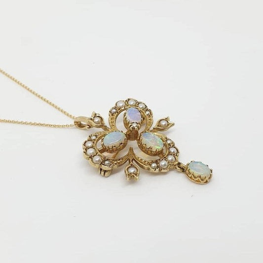 Antique Victorian Style Opal and Pearl Gold Pendant Brooch Necklace