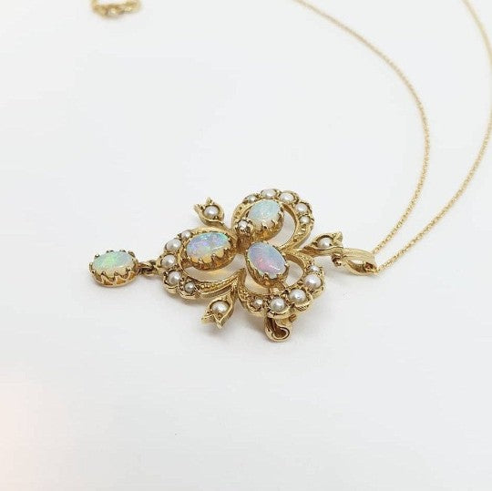 Antique Victorian Style Opal and Pearl Gold Pendant- Brooch Necklace 