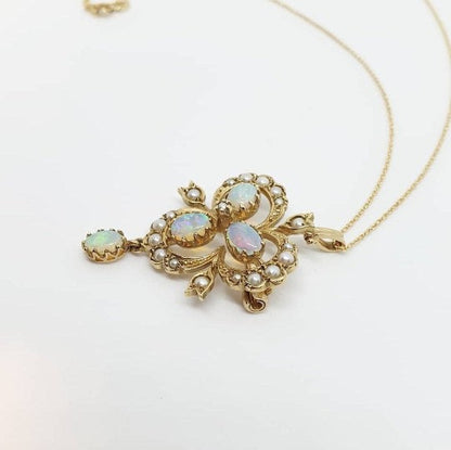 Antique Victorian Style Opal and Pearl Gold Pendant- Brooch Necklace 