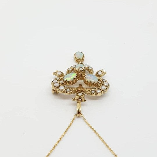 Antique Victorian Style Opal and Pearl Gold Pendant- Brooch Necklace 