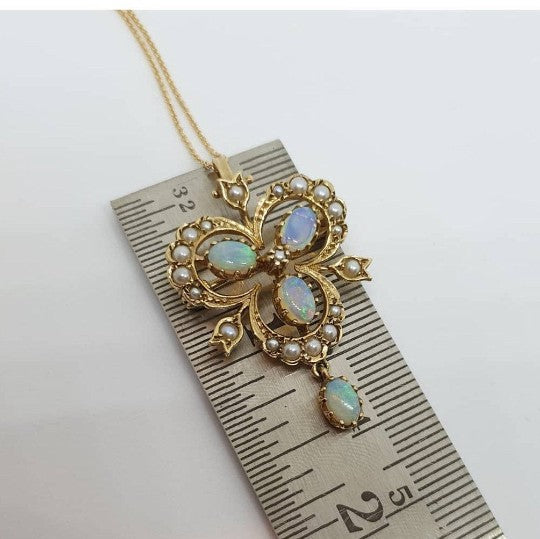 Antique Victorian Style Opal and Pearl Gold Pendant Brooch Necklace