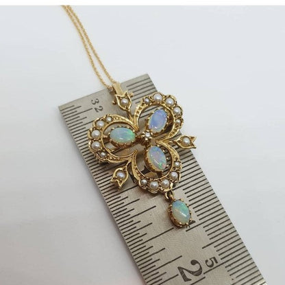 Antique Victorian Style Opal and Pearl Gold Pendant Brooch Necklace