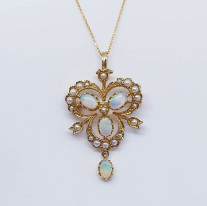Antique Victorian Style Opal and Pearl Trefoil Gold Pendant- Brooch Necklace