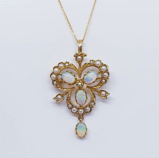Antique Victorian Style Opal and Pearl Trefoil Gold Pendant- Brooch Necklace