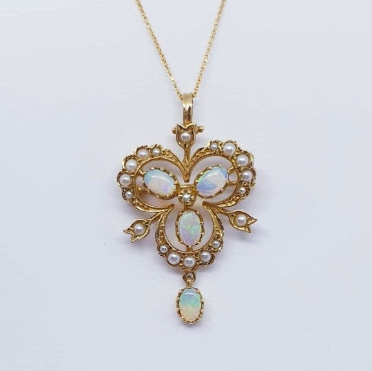 Antique Victorian Style Opal and Pearl Trefoil Gold Pendant- Brooch Necklace