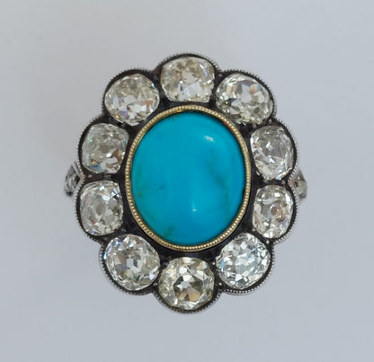 Antique Victorian Turquoise and Old Cut Diamond Ring