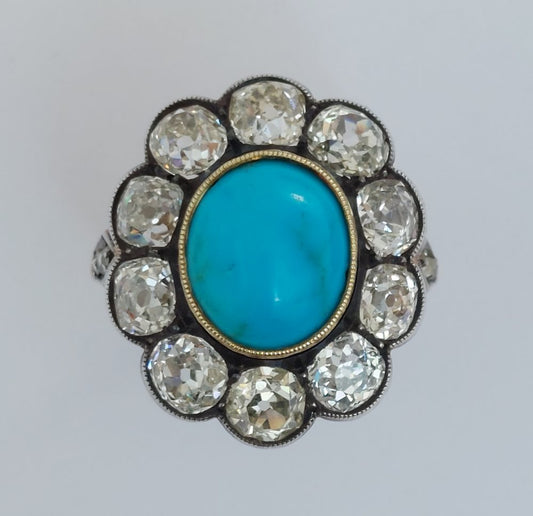 Antique Victorian Turquoise and Old Cut Diamond Ring