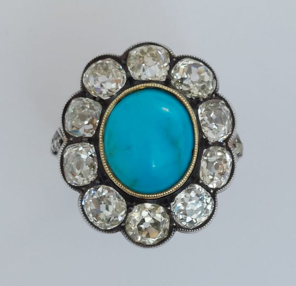 Antique Victorian Turquoise and Old Cut Diamond Ring