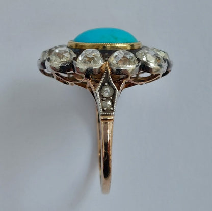 Antique Victorian Turquoise and Old Cut Diamond Ring