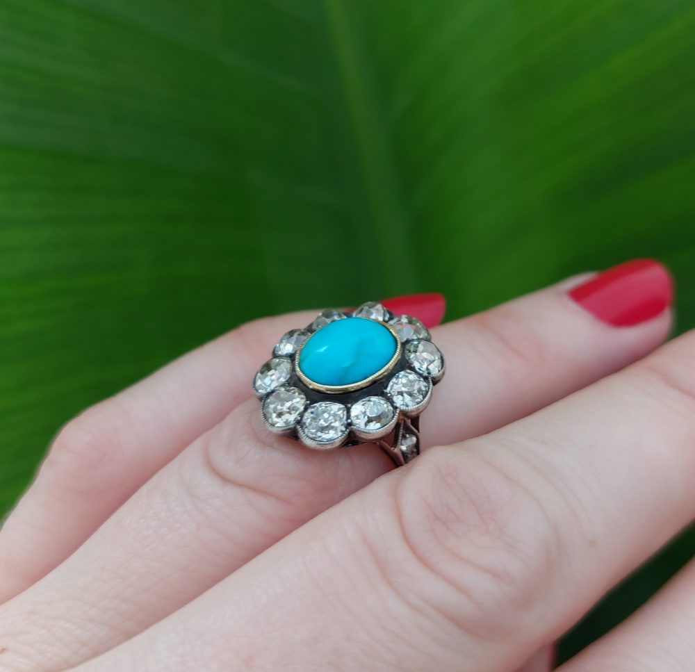 Antique Victorian Turquoise and Old Cut Diamond Ring