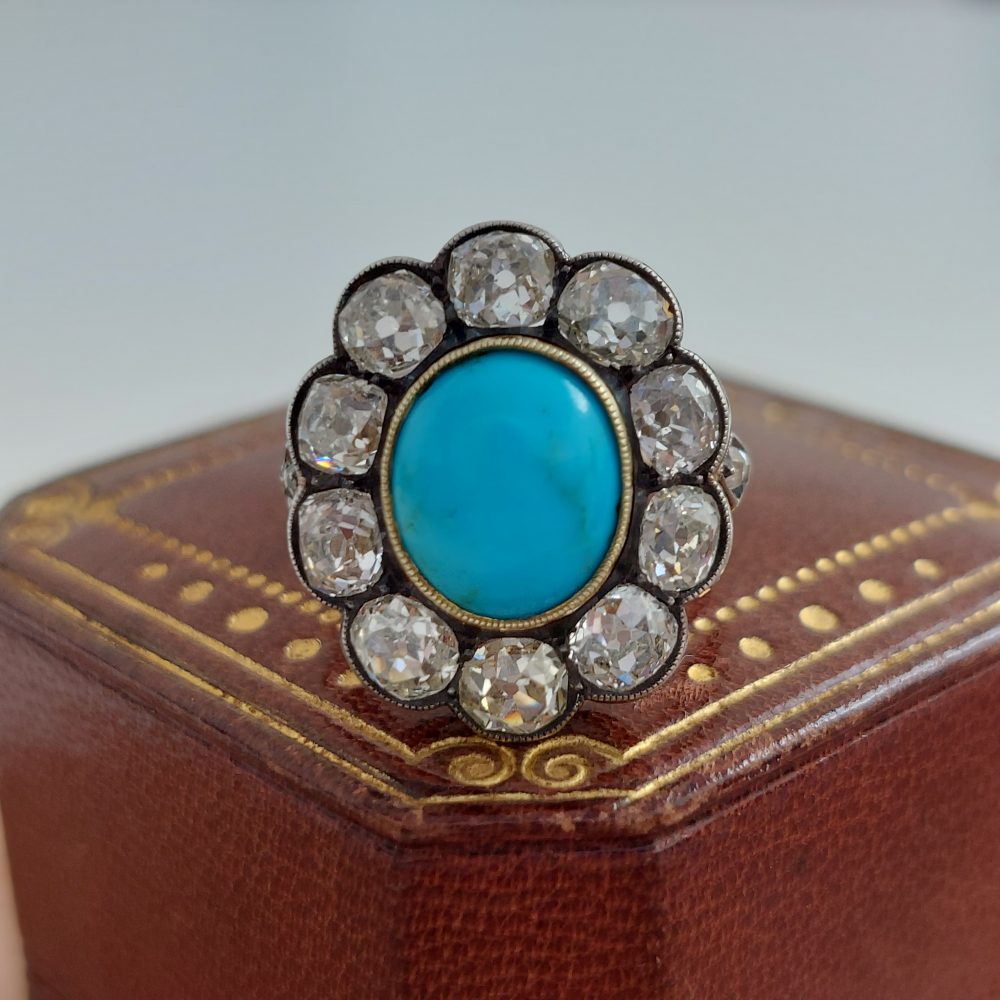 Antique Victorian Turquoise and Old Cut Diamond Ring