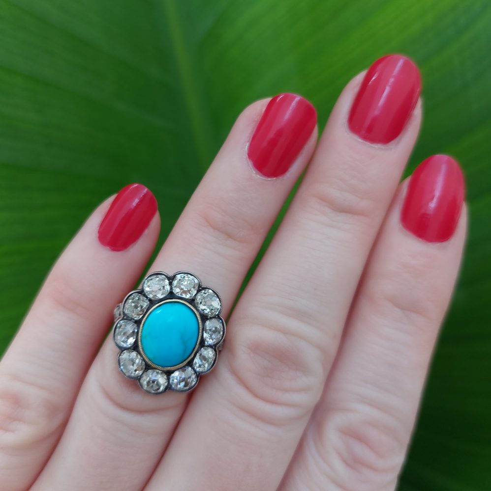 Antique Victorian Turquoise and Old Cut Diamond Ring