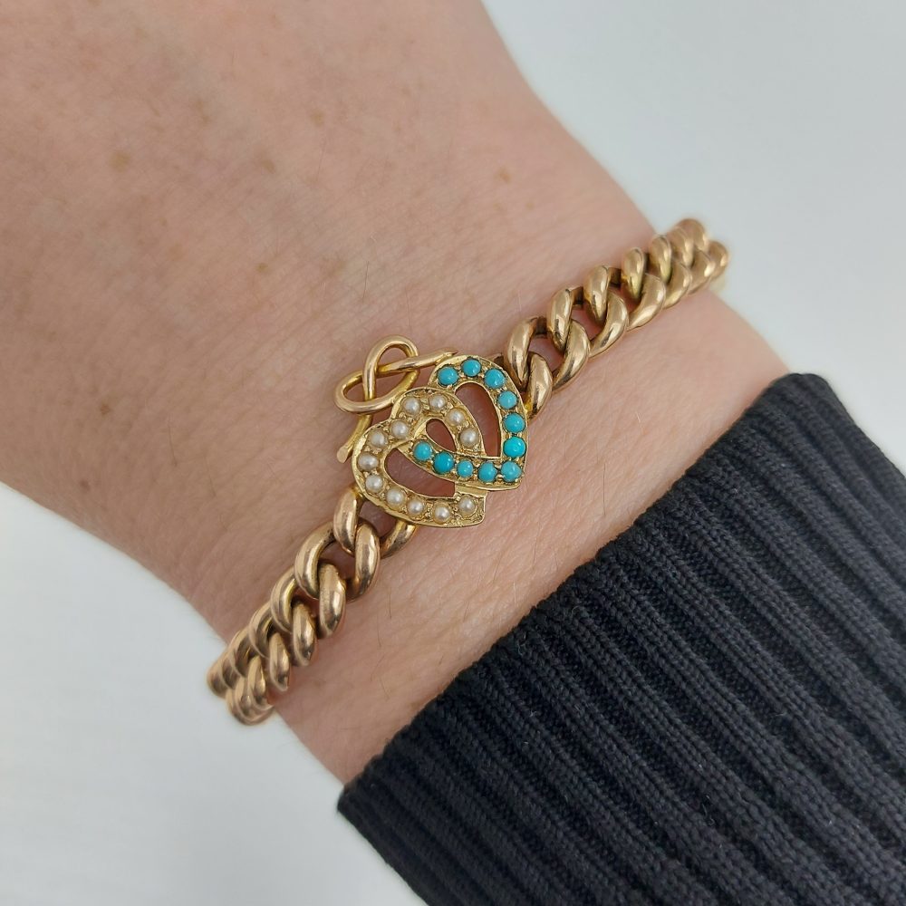 Antique Victorian Turquoise and Seed Pearl Heart Bracelet
